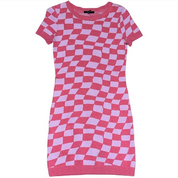 Vibrant Pink and Lavender Checkered Knit Mini Dress - Picture 1 of 2